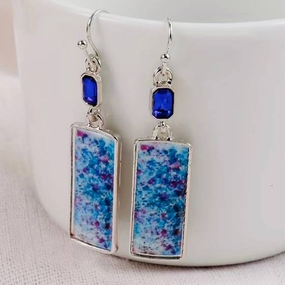 Beautiful Blue Silver & Purple Resin Art Dangle Earrings - Picture 1 of 3
